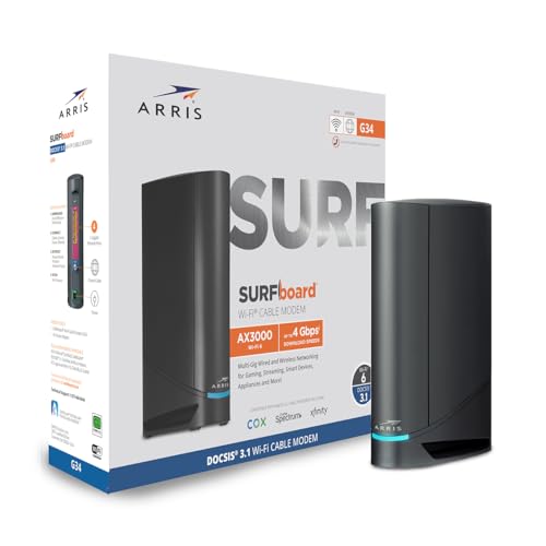 ARRIS G34-RB Ethernet, Wi-Fi 6 Cable Modem Router Combo, 4 Ports, 3000 Mbps