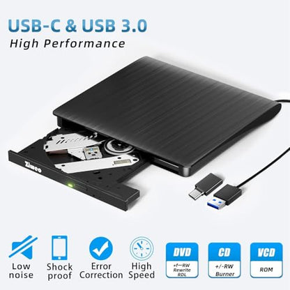 Ziweo USB 3.0 & Type-C External Slim CD/DVD Drive 24x Write Speed Portable Optical Drive