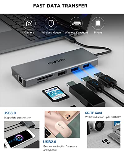 EUASOO 11 in 1 USB C Docking Station ES-HB007 with Dual 4K HDMI, 1000Mbps Gigabit Ethernet, 4 USB Ports