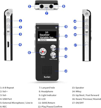 Sunlan 16GB SL0002 Mono WAV USB Digital Voice Recorder