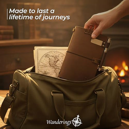 WANDERINGS A5 Travelers Notebook Bundle – 5.5" x 8.3" – Full-Grain Leather Journal with Pen Holder, Rollerball Pen, 3 Ink Refills, PVC Folder & Binder Clip