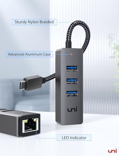 uni USB C Ethernet Hub UHUB01 5Gbps 5"x2.3"x0.66" Grey