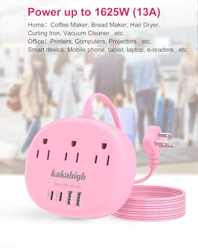 kakahigh 5FT 771-W Pink Extension Cord 125 Volts 1625 Watts Standard Power Strip with 3 AC Outlets and 4 USB Ports
