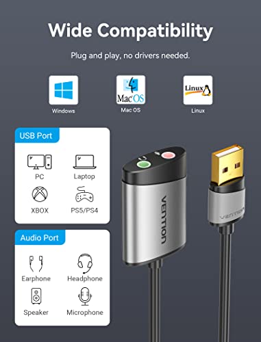 VENTION 45 Grams CDKHB USB 2.0 Stereo External Sound Card with 5.1 Surround Sound Support for Linux, Windows 10, PlayStation 4