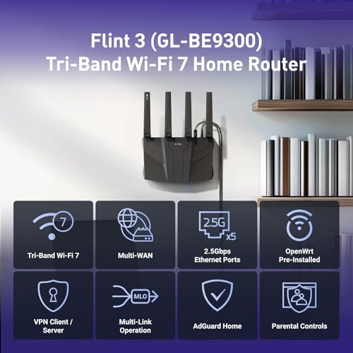 GL.iNet Tri-Band GL-BE9300 Flint 3 Wi-Fi 7 Router, 12.5 Gbps Data Transfer, 2500 Mbps LAN, 4 Antennas, 2000 Square Feet Coverage