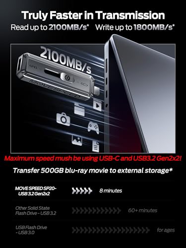 MOVE SPEED 2TB External Solid State Drive USB 3.0 Portable Shock Resistant 2100MB/s USB-C Connectivity