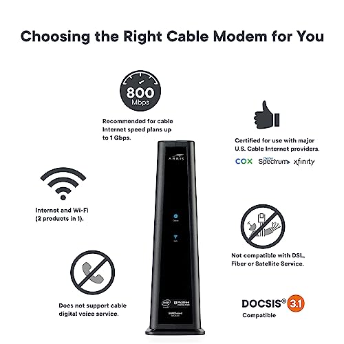 ARRIS SBG8300-RB Cable Modem Router Combo DOCSIS 3.1 Gigabit, AC2350 Dual Band Wi-Fi, 4 Ethernet Ports, Maximum Downstream/Upstream Data Rate 1 Gbps