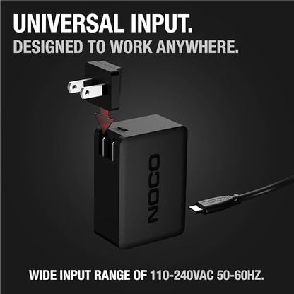 NOCO 65W U65 USB-C Charger, 110-240VAC, 50-60Hz, 2 Amps, Wall Mount, Type A/C/G/I, 1 Port