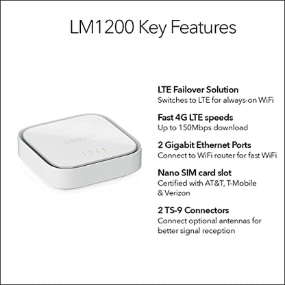 NETGEAR 4G LTE Broadband Modem LM1200 with Dual-Band Frequency, 150 Mbps Data Transfer Rate, Ethernet Connectivity