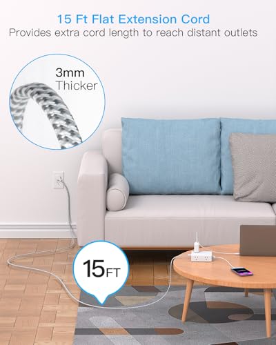 One Beat Power Strip 15 FT 8 AC Outlets 4 USB Ports Model 1 Rectangular White & Grey Surge Protector