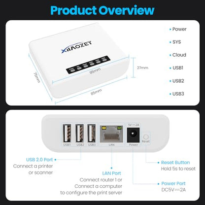xiiaozet 3.94 x 2.76 x 1.18 inches LK300EW Network USB Print Server