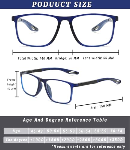Hubeye 55mm Plastic Frame Photochromic Progressives UV400 Navy Blue Reading Glasses