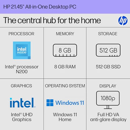 HP 21.45 inch All-in-One Desktop PC, 1920x1080, Intel N200, 8GB DDR5, 512GB PCIe SSD, Windows 11 Home, Cashmere White, Model B9KP6AA#ABA