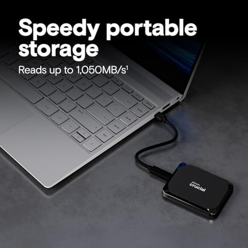 Crucial 1TB CT1000X9SSD902 Portable SSD, Solid State Drive, USB 3.2 USB-C, External Hard Drive, 1050MB/s Data Transfer Rate, Black