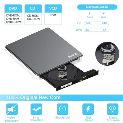 BUNUD 5.91" x 5.91" x 0.7" Model 726133312451 USB 2.0 USB 3.0 Type C External Optical Drive