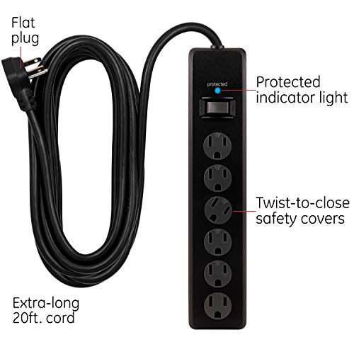 GE 6-Outlet Surge Protector with 20 Ft Extension Cord, 125 Volts, 800 Joules Protection, Model 50769