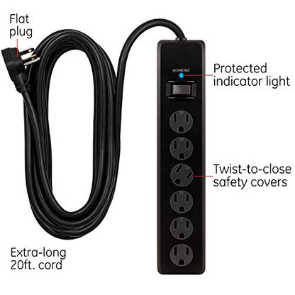 GE 6-Outlet Surge Protector with 20 Ft Extension Cord, 125 Volts, 800 Joules Protection, Model 50769