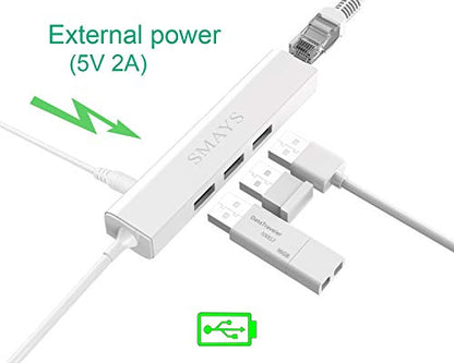 Smays Ethernet Adapter 3-Port USB Hub 100Mbps White Plastic