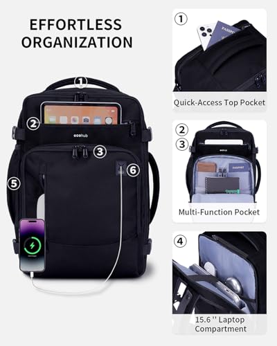 ECOHUB 17" Daypack Travel Backpack, 25L Capacity, Water Resistant, Fits 15.6" Laptop, 16 Pockets, Adjustable Straps, Black