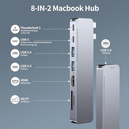 BHHB 8-in-2 USB C Hub Docking Station Model M82 4K@30Hz Thunderbolt 4/3 HDMI USB 3.0 SD/TF for MacBook