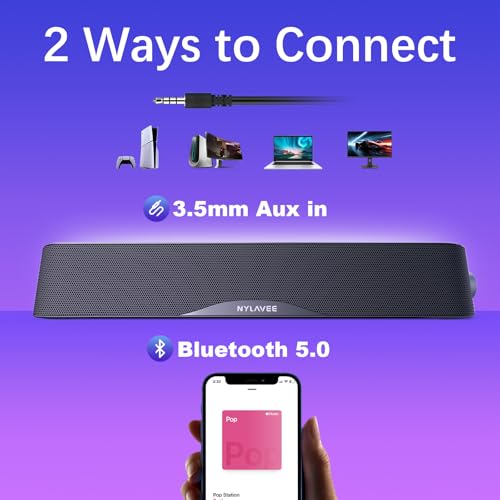 Nylavee 16in SK100 Stereo Soundbar with Bluetooth 5.0 and 3.5mm Aux Input
