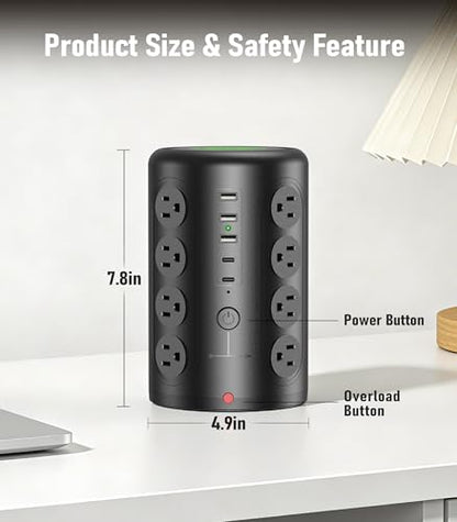 TenTrend 16 Outlets Power Strip Tower with 5 USB Ports, 15 Amps, Type B Plug, 2000 Joules Surge Protection, Black