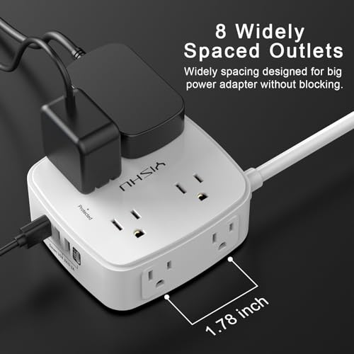 YISHU 4.33" x 4.05" AHR-803 Power Strip with 8 Outlets and 4 USB Ports, 125V, 10A