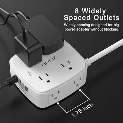 YISHU 4.33" x 4.05" AHR-803 Power Strip with 8 Outlets and 4 USB Ports, 125V, 10A