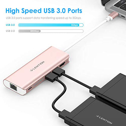 LENTION USB C Hub with 6 Ports, 4K HDMI, Dual USB 3.0, SD Card Reader, Type C Charging, Ethernet, Model CB-TP-C68-ROG-US-1