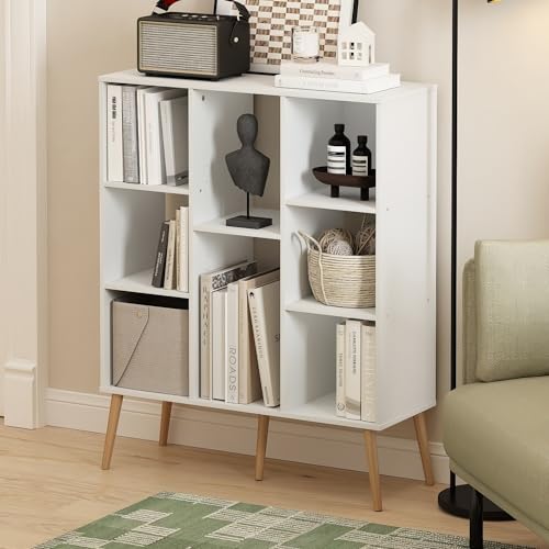 Furinno 10.94"D x 31.5"W x 39.35"H 24122WH Mid Century 8-Cube Bookshelf