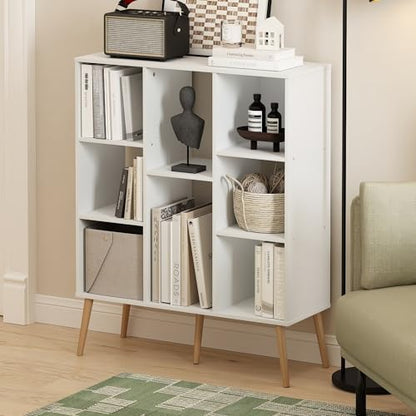 Furinno 10.94"D x 31.5"W x 39.35"H 24122WH Mid Century 8-Cube Bookshelf