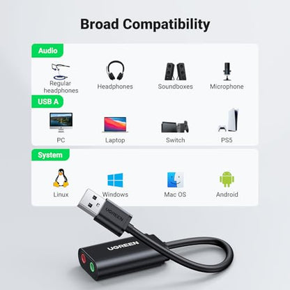 UGREEN USB to Audio Jack Sound Card Adapter 30724 USB Stereo Sound Card PC PS4 5 1 Dual 3.5mm