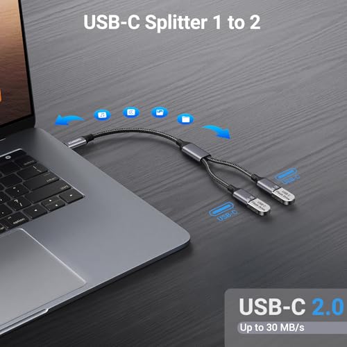 KiwiBird USB-C Splitter 1 in 2 Out Male to Female Adapter, 480 Mbps Data Transfer Rate, Grey