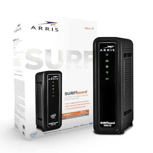 ARRIS 6.77" x 1.97" x 6.58" SBG10-ARRIS Ethernet Cable Modem 686Mbps Downstream 400Mbps Data Rate