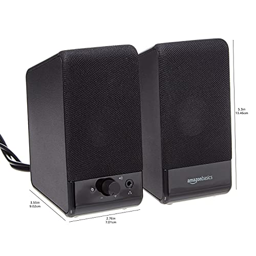 Amazon Basics 2.0 Stereo USB-Powered Speakers U213, 2.1 Watts Output, 3.5mm Aux Input, Portable, Black