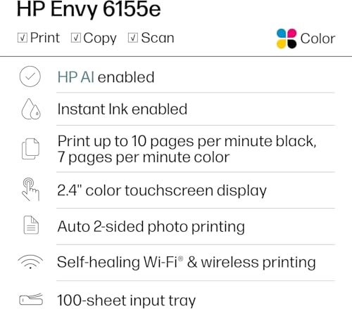 HP ENVY 6155e All-in-One Wireless Inkjet Printer 1200 x 1200 DPI Auto-Duplex Color Printer