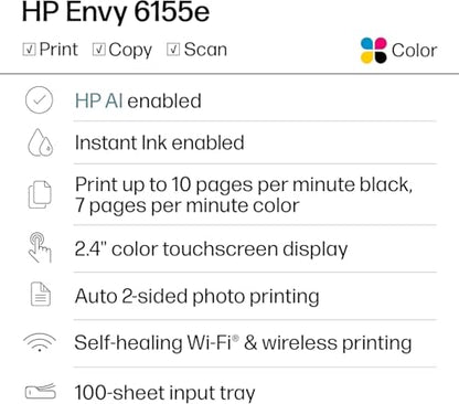 HP ENVY 6155e All-in-One Wireless Inkjet Printer 1200 x 1200 DPI Auto-Duplex Color Printer