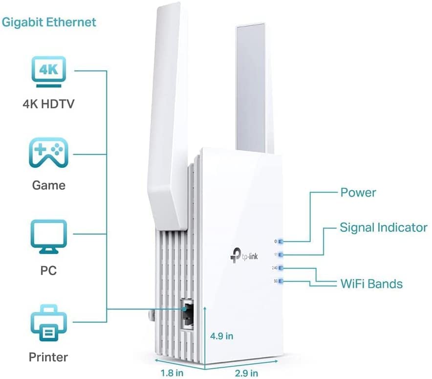 TP-Link RE705X 2402Mbps Dual-Band Wi-Fi 6 Range Extender, 802.11ax, RJ45 Connector, AP Mode, 150m Range, 0.68lbs