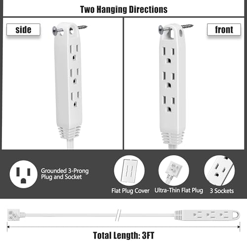 CABOCASA 3FT Extension Cord Power Strip with 3 Outlets and Detachable Cover, Model C101, 125 Volts