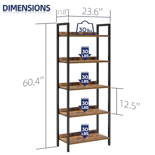 NUMENN 5 Tier Bookshelf Floor Mount Vintage Style Metal and Engineered Wood Bookcase