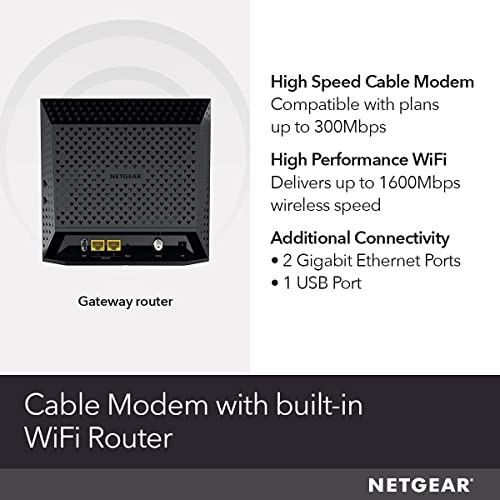 NETGEAR C6250-100NAS Cable Modem Wi-Fi Router Combo, AC1600 Speed, DOCSIS 3.0, Dual-Band, 2-Port Ethernet