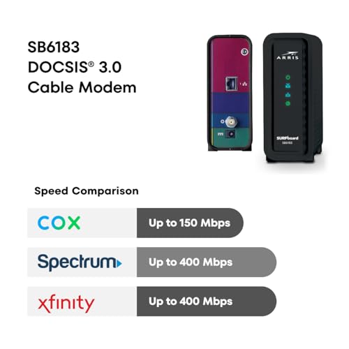 ARRIS SB6183 Black Cable Modem, 131 Mbps Upload, 686 Mbps Download, DOCSIS 3.0, Ethernet Connectivity