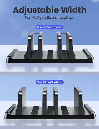 Vaydeer 3-Slot Vertical Laptop Stand Organizer, Adjustable Width, Tabletop Mounting, Rubber and Silicone Enclosure, Black, Model Xunli-0009