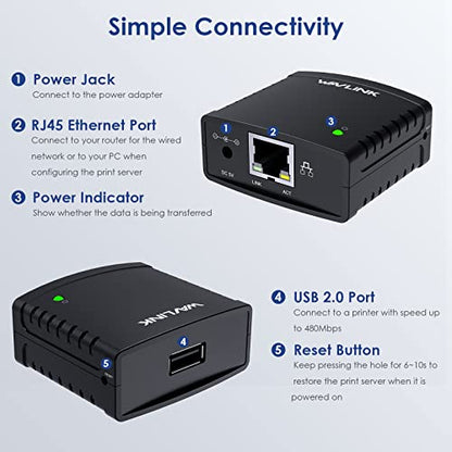 WAVLINK 8.43 x 5.87 x 2.1 inches 8.6 Ounces USB 2.0 Network Print Server LPR Print Protocol 10/100Mbps