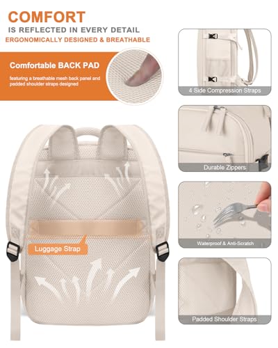 Capolo 15.6-Inch Laptop Backpack Travel Backpack Beige Soft Shell Water Resistant 25 Liters 11 Pockets