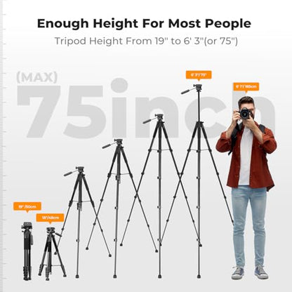 K&F CONCEPT 75 Inches KF09.126 Aluminum Tripod for Cameras and Smartphones