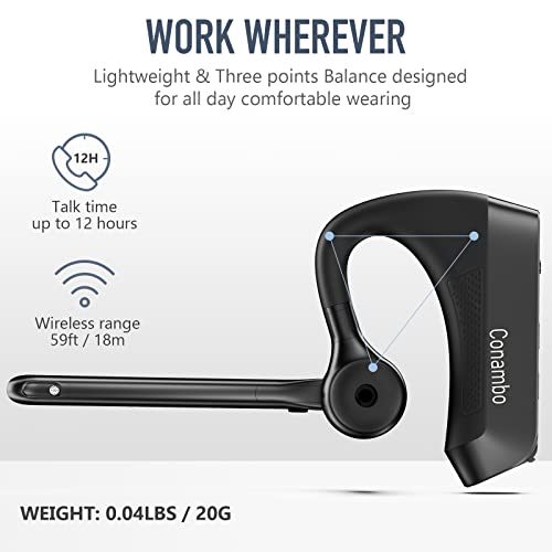 Conambo Bluetooth Headset K21 V5.1, Single Ear Wireless Earpiece with Dual Microphone Noise Cancellation, 16 Hours Talk Time, Compatible with iOS and Android