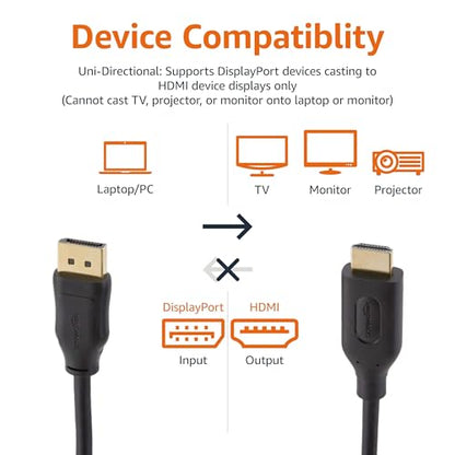 Amazon Basics 3 Foot DisplayPort to HDMI Cable, Uni-Directional, Supports 4K@30Hz