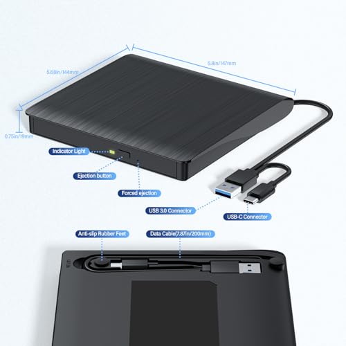 LLMHHKYK Portable External Blu-ray Drive XD021-1 USB 3.0 Type A & C Black