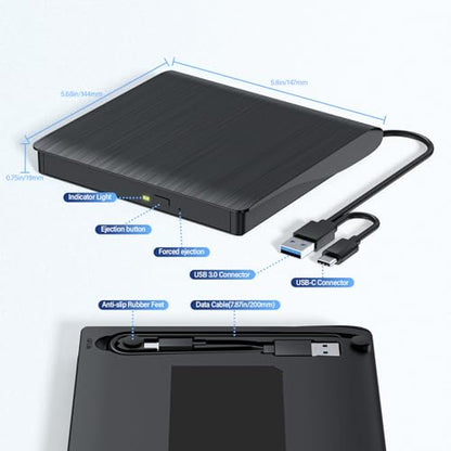 LLMHHKYK Portable External Blu-ray Drive XD021-1 USB 3.0 Type A & C Black